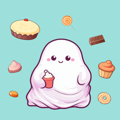 A cute chubby baby ghost sits with an ice cream in his hand, surrounded by goodies. Vector minimalistic isolated kawaii illustration