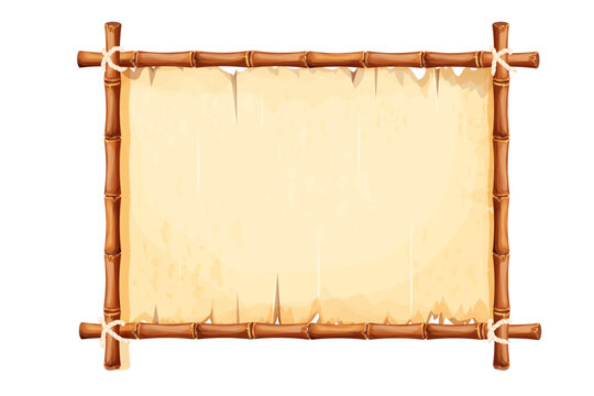 Bamboo frame with old parchment paper decorated with rope in cartoon style isolated on white background. Game ui board, sign