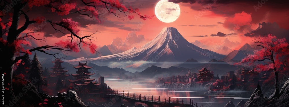 Wall mural An Chinese landscape with bright red lights, in the style of gothic illustration