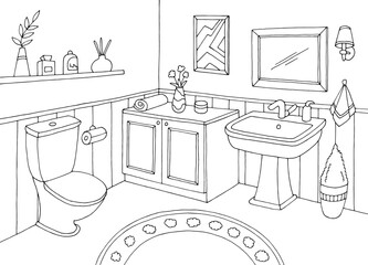 Bathroom graphic home interior black white sketch illustration vector 