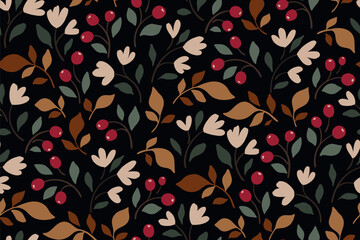 Seamless floral pattern, abstract ditsy print with simple wild plants. Cute botanical design in autumn colors: small hand drawn leaves, tiny berries, flowers on a dark background. Vector illustration.