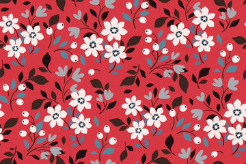 Seamless floral pattern, liberty ditsy print with vintage motif. Beautiful botanical design with simple hand drawn plants: small white flowers, tiny abstract leaves on a red background. Vector.