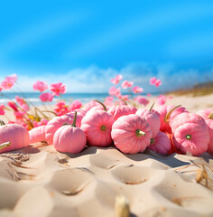 Pink Halloween pumpkins on a sandy beach by the sea, beautiful blue sky, clear summer day, pink flowers