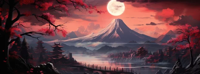 Wall murals Aubergine An Chinese landscape with bright red lights, in the style of gothic illustration