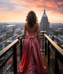 Scandinavian woman, Brunette hair, Long style, Coral Pink Sundress, rooftop bar, Elegant, Standing, Serious 