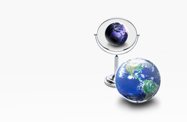 Earth on white background with Dark side Earth reflection on the mirror, The world natural pollution concept, Elements of this image furnished by NASA