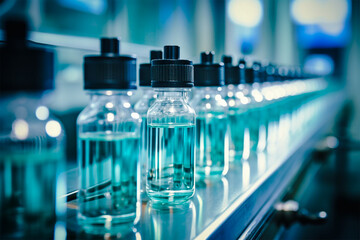 Medical vials on  production line in factory, selective focus.