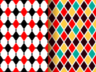 Circus harlequin clown carnival patterns, seamless vector background with geometric rhombus. Harlequin pattern of mosaic or vintage Italian tile ornament, masquerade or joker abstract pattern - obrazy, fototapety, plakaty
