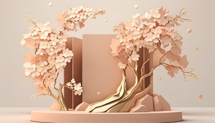 3D background, beige podium display. Sakura pink flower tree branch. 3D render. Generative Ai.
