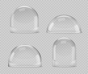 Isolated glass dome, glossy bell sphere. Realistic 3d vector snow globe souvenirs, crystal semisphere containers of small, medium and large sizes. Festive xmas gift mock up on transparent background © Buch&Bee