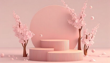 3D background, pink podium display. Sakura pink flower falling. Cosmetic or beauty product promotion step floral, pastel pedestal. Abstract minimal advertise. 3D render. Generative Ai.