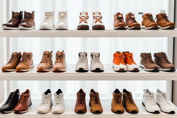 A modern and stylish shoe store featuring a fashionable collection of leather footwear including boots and sneakers. - obrazy, fototapety, plakaty
