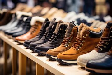 A modern and stylish shoe store with a fashionable collection of men's shoes including brown boots and more.