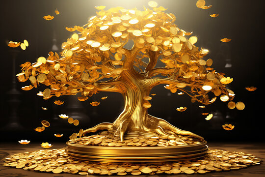 Golden tree, money tree with gold coins in a ray of light