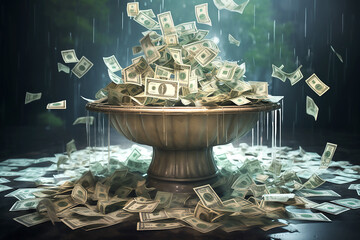Money fountain with falling paper money