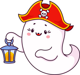 Cartoon Halloween kawaii cute ghost pirate character. Funny filibuster spirit vector personage, Halloween holiday cheerful ghost or kawaii spirit in pirate hat with lantern