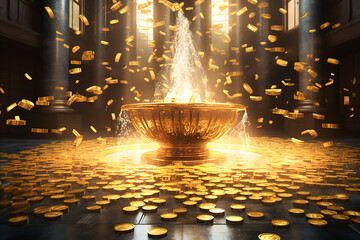 Golden fountain with golden coins in a ray of light - obrazy, fototapety, plakaty