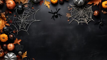 Happy halloween flat lay mockup: a spooky and festive image with spiders, decoration, and spider web on black background