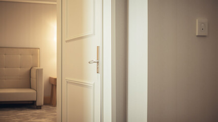 Fototapeta na wymiar the slightly open white door to the hotel room