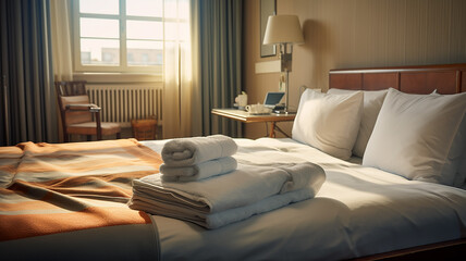 clean towels rolled up on the bed in a bright hotel room