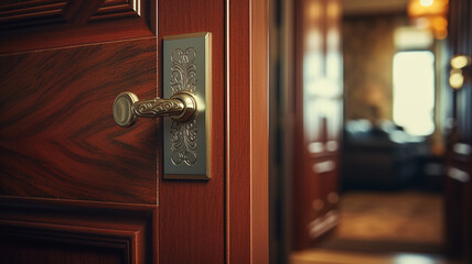 Obraz premium the slightly open white door to the hotel room