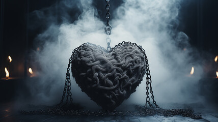 interlacing black heart of a witch in the fog, unusual art halloween valentine - obrazy, fototapety, plakaty