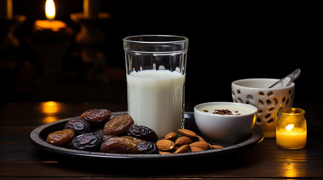Free photo glass of milk near saucer with sweet prunes