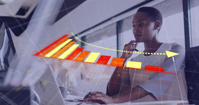Animation of financial data processing over african american businesswoman in office