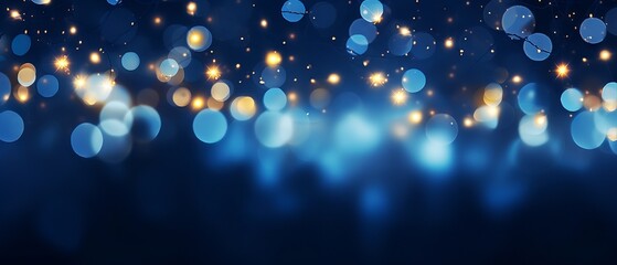 Christmas garland bokeh lights over dark blue background - holiday illumination and decoration concept for winter season