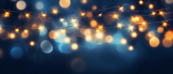 Christmas garland bokeh lights over dark blue background - holiday illumination and decoration concept for winter season
