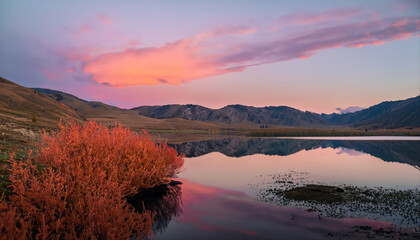 Sunset in the Altai Mountains: a pink sky, a mirror-like lake, and vibrant red foliage in the foreground