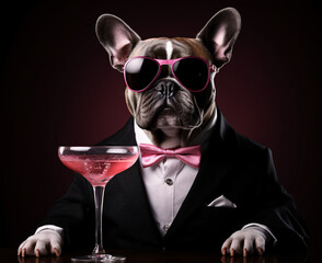 French Bulldog with Glasses Holding a Martini