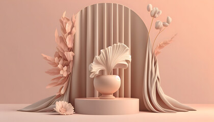 3D display podium beige background with curtain. Pink flower in stone vase. Nature Blossom minimal pedestal for beauty, cosmetic product presentation. Summer and spring copy space temp. Generative Ai.