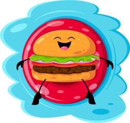 Cartoon fast food burger character swimming on float ring. Street restaurant hamburger cheerful mascot, takeaway menu meal or junk cafe burger funny vector character or comical personage on vacation