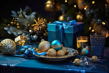 Luxurious festive table in a cozy atmosphere with Christmas gifts and accessories
