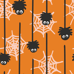 Cute little spiders hanging with spiderwebs forming a seamless vector pattern in black and cream over terracotta orange. Great for home decor, fabric, wallpaper, gift-wrap, stationery and packaging