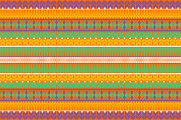 Aztec tribal geometric vector background in purple yellow green white Seamless stripe pattern. Traditional ornament ethnic style. Design for textile, fabric, clothing, curtain, rug, ornament, wrapping