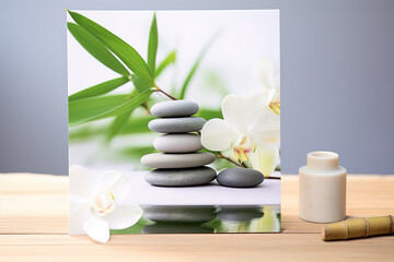 Obraz na płótnie Canvas Zen or spa greeting or invitation card with captivating composition, tranquility and peaceful