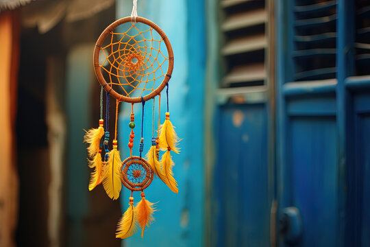 Indian dream catcher with amulet in urban environment, contrast between tradition and modernity