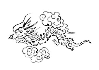 雲龍図の水墨画イラスト 竜 日本画 和風 和柄 japanese art 筆 Dragon お正月 2024年干支