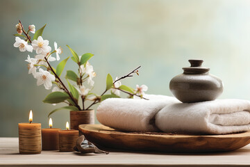 Spa atmosphere, tranquil scene, soft spa lighting, relaxing natural elements, holistic wellness