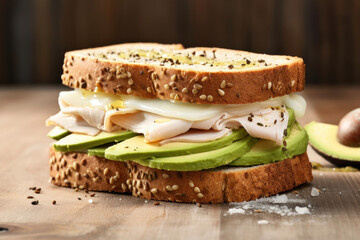 Appetizing sandwich with ham and avocado
