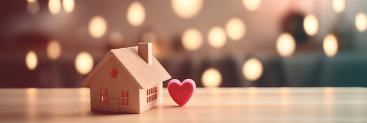 Cardboard toy house with a red heart on a wooden table on a bokeh background
