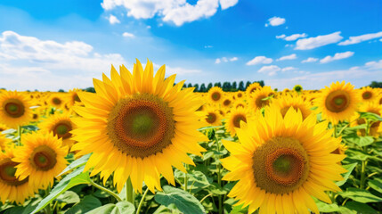 Sunflowers against a blue sky with clouds