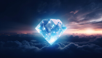 Neon-Lit shiny Blue Diamond floating on sky and clouds - obrazy, fototapety, plakaty