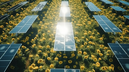 solar panels in the field of sunflower flowers