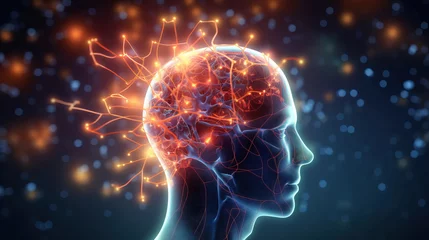 Fotobehang Human head with glowing neurons. Generative AI © Levon
