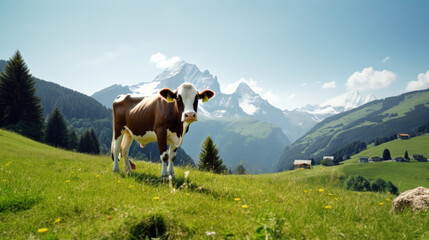 A cow on a green meadow against the background of mountains