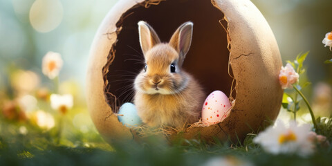 A cute Easter bunny sits in an eggshell with colored eggs and flowers