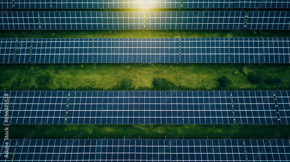 Wall mural solar panels on a green field green transition solar energy from renewable sources